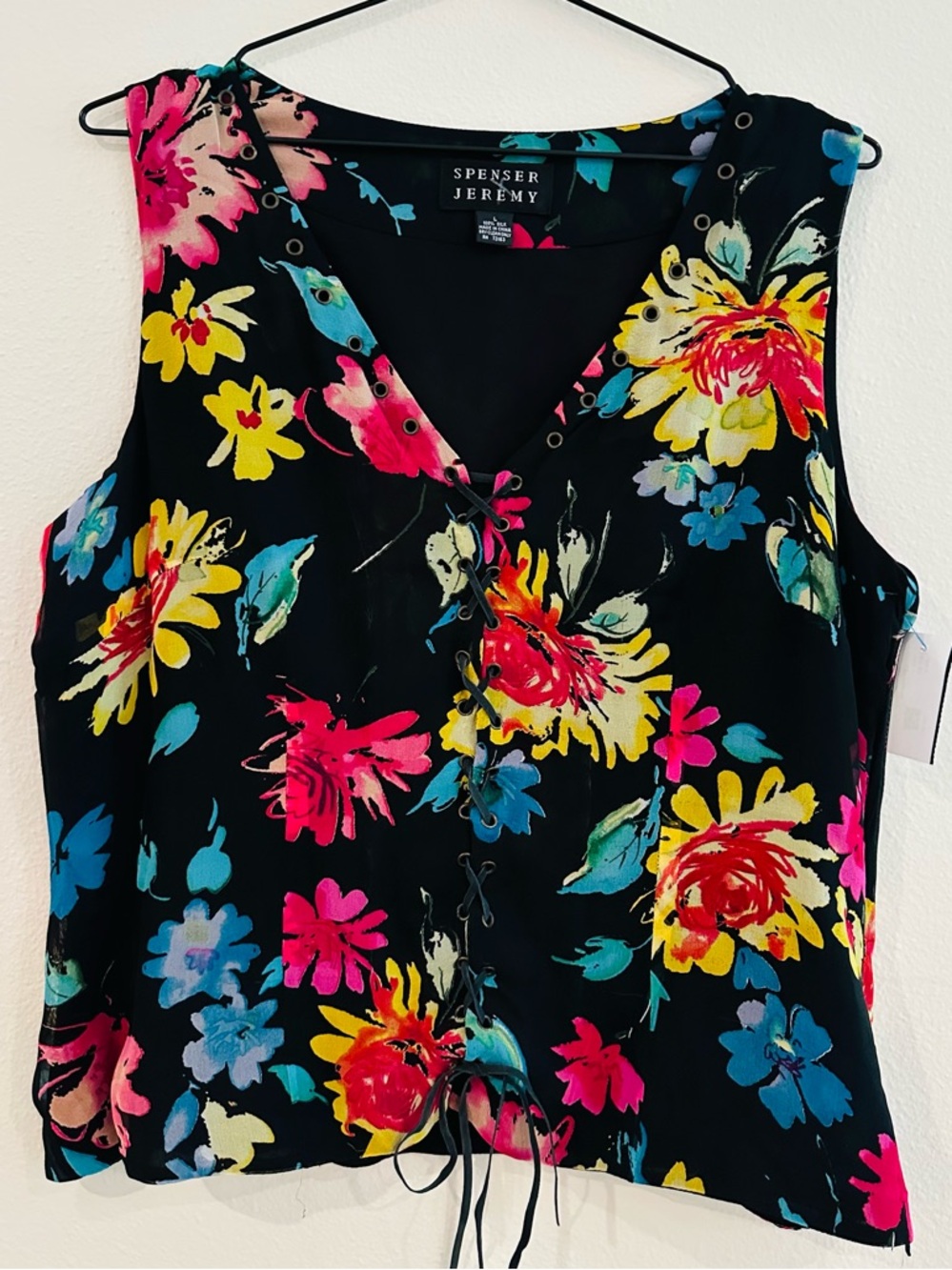 Vintage 90s Spenser Jeremy 100% Silk Lace-Up Floral Blouse - Size L